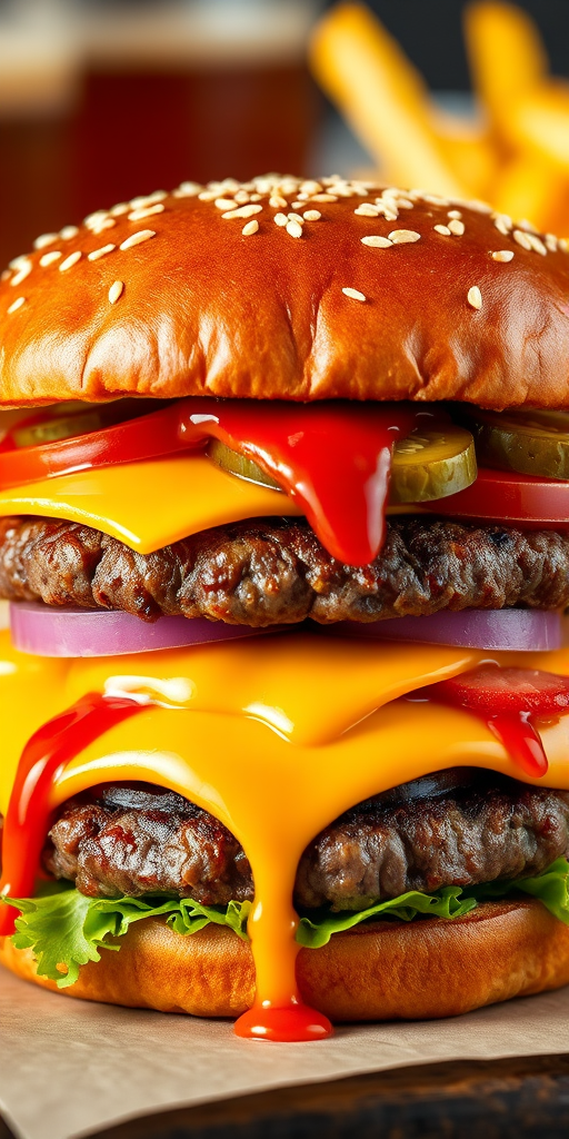 High-resolution, close-up image of a gourmet double cheeseburger. The burger features a glossy, sesame-seed-topped brioche bun. Inside, there are two thick, juicy beef patties, each topped with melted cheddar cheese. The burger is garnished with fresh lettuce, tomato slices, diced onions, and pickles. A generous amount of ketchup and a creamy, orange-colored sauce is dripping down the sides, adding to the mouth-watering appeal. In the background, there are blurred elements including a side of golden French fries and a hint of a beverage, enhancing the overall presentation of a delicious meal.