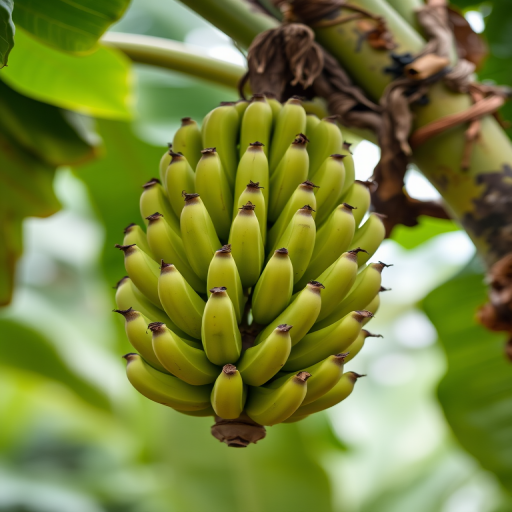 Capture a bunch of green bananas hanging from a banana tree, using a DSLR camera with a 50mm lens, aperture set to f/2.8, ISO 100, and a soft background focus to enhance depth of field.