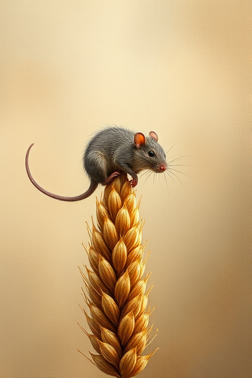 Soft, muted Alcohol Ink with ebru effect background image of tiny whimsical rat, who climbed high on the top of a golden rye ear.