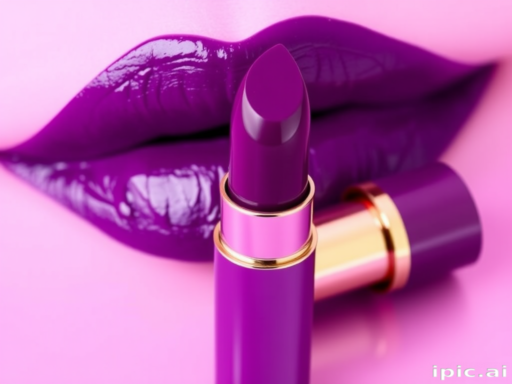 Lush grape purple lipstick with a glossy finish, dubbed "Royal Velvet," offering rich pigmentation and a hydrating formula, ideal for creating regal and sophisticated appearances
