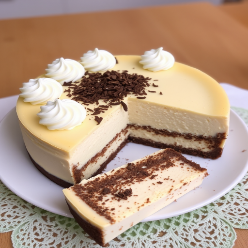 A delicious cheesecake with a smooth creamy topping decorated with swirls of whipped cream and a sprinkle of chocolate shavings on top displayed on a white plate with a light green lace underneath and a slice cut out revealing the layers of the cake with a blurred background.