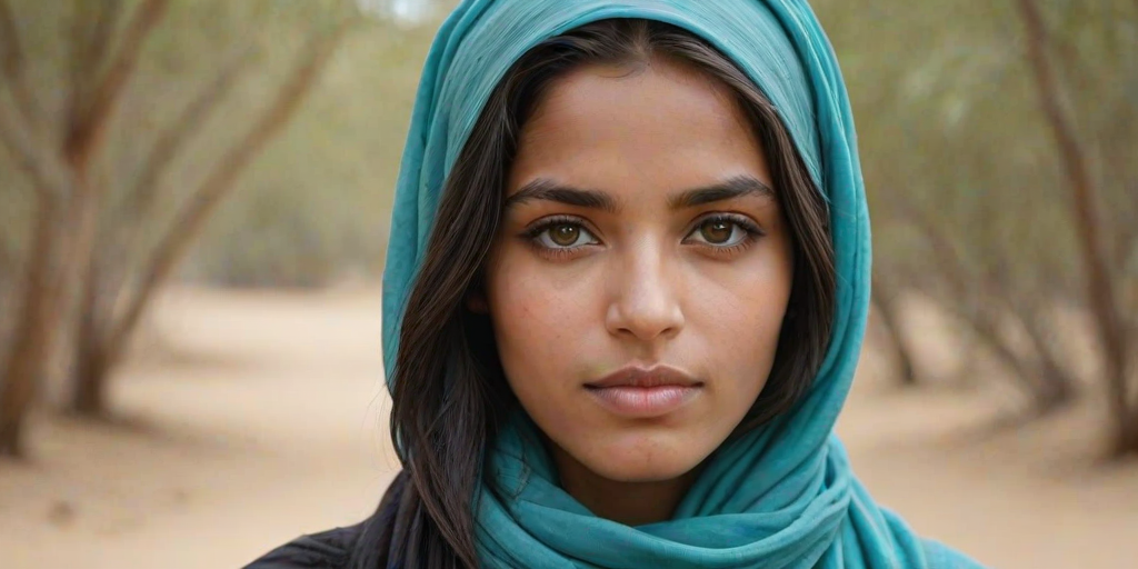 Create a portrait of a young Tuareg female with long, dark hair and captivating hazel eyes. She is wearing a cyan headscarf and a matching scarf draped gracefully around her neck. The background is softly blurred, focusing attention on her serene and natural expression. The overall color palette is muted and warm, enhancing the intimate and authentic feel of the portrait.