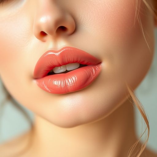 Soft peach woman lips with dewy finish, enhancing natural beauty and creating a fresh, youthful appearance