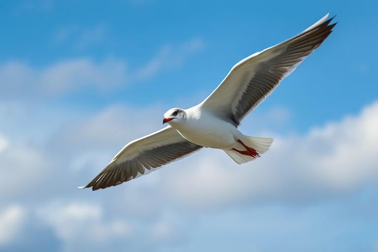 a close-up shot of a seagull in flight with blue skies and soft clouds in the background, ISO 200, aperture f/5.6, shutter speed 1/1000s, taken with a DSLR camera using a 70-200mm lens, natural lighting for enhanced clarity and detail