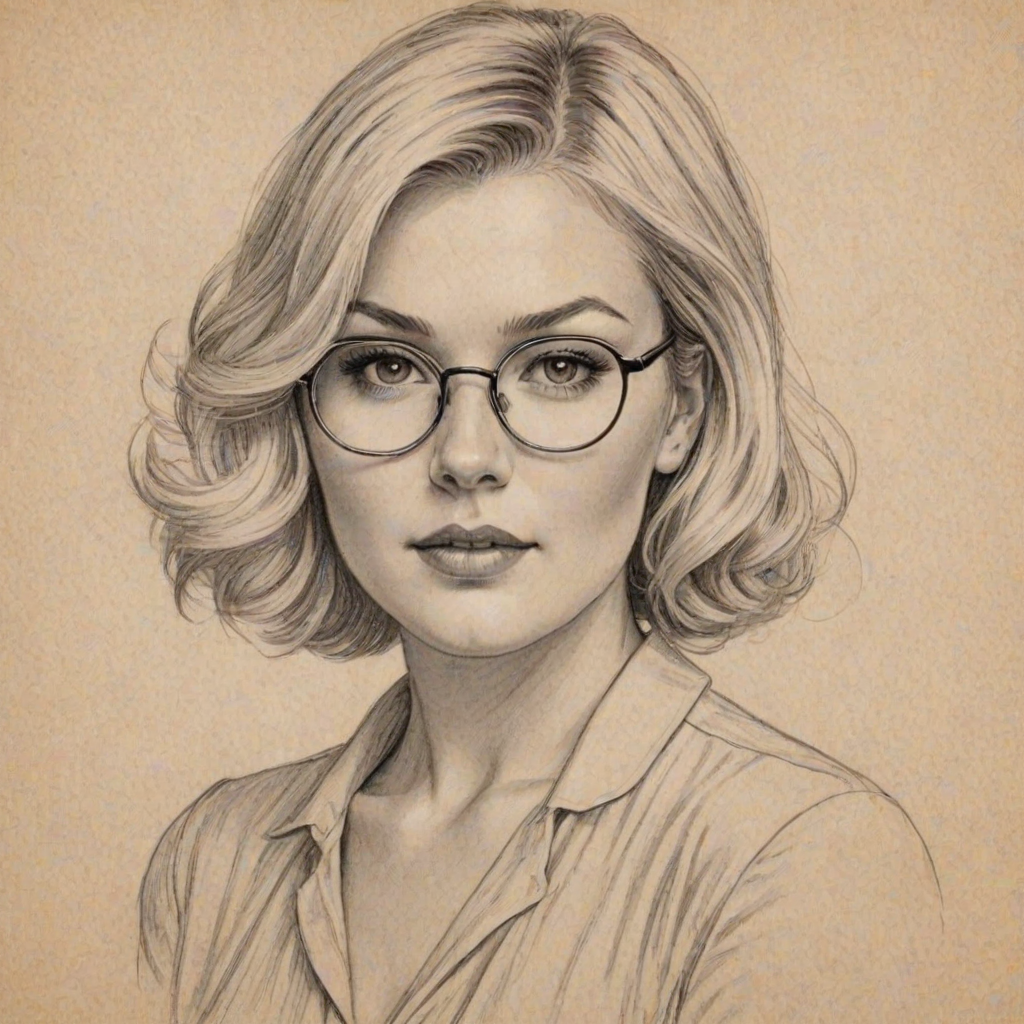 Charming Elisha Cuthbert, pencil sketch, portrait of Resplendent woman 1930s in glasses, hair style beatnik, outline, clear lines, fine lines, 8k