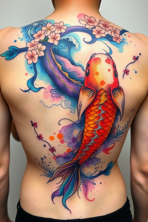 Vibrant watercolor koi fish tattoo, "Aquatic Symphony," featuring swirling hues of blue, orange, and purple, with delicate black outlines and splashes of white for highlights, incorporating traditional Japanese elements like cherry blossoms and waves, designed to flow gracefully across the upper back and shoulders