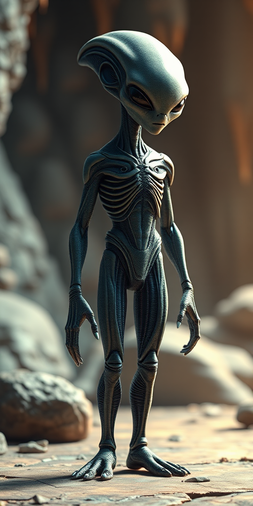 Create a highly detailed 3D render of a humanoid alien standing upright in a fantastical environment, with soft lighting, depth of field, and a wide-angle lens; use a DSLR camera at f/2.8, ISO 100, shutter speed 1/250s.