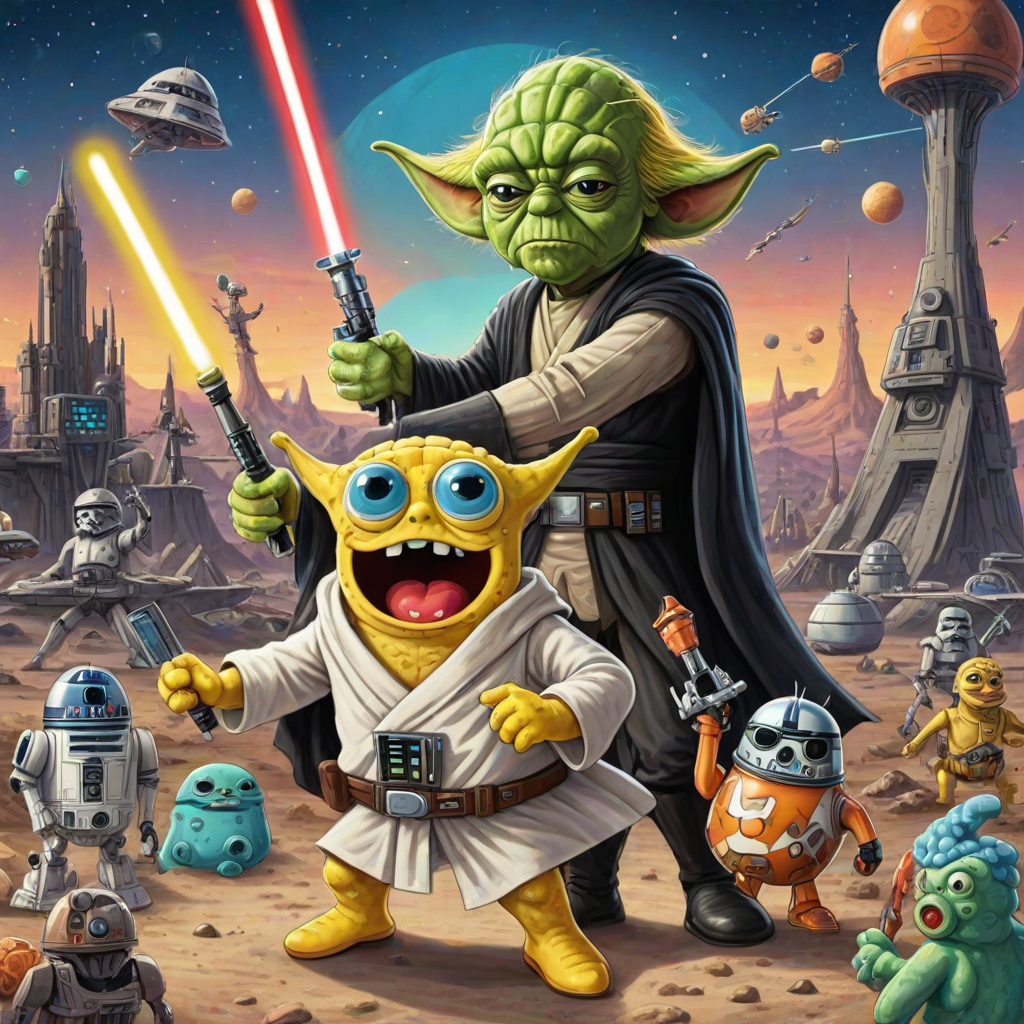 Create a parody of the Star Wars poster with SpongeBob as Luke Skywalker, holding a glowing spatula like a lightsaber. Patrick Star takes the role of Han Solo, holding a blaster, while Squidward is Obi-Wan Kenobi, draped in robes. In the background, Plankton appears as Darth Vader, with Bikini Bottom’s landmarks reimagined as spaceships and planets. The iconic Star Wars logo is swapped for "Sponge Wars," creating a playful, sci-fi adventure scene.