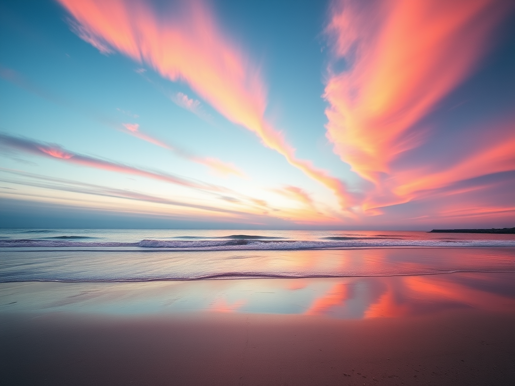 Generate an image of a calm beach at sunset, capture vibrant orange and pink hues in the sky reflecting on the water, use a Canon EOS 5D Mark IV, set aperture to f/8, ISO 200, shutter speed 1/60 sec, wide-angle view with a subtle vignette effect.