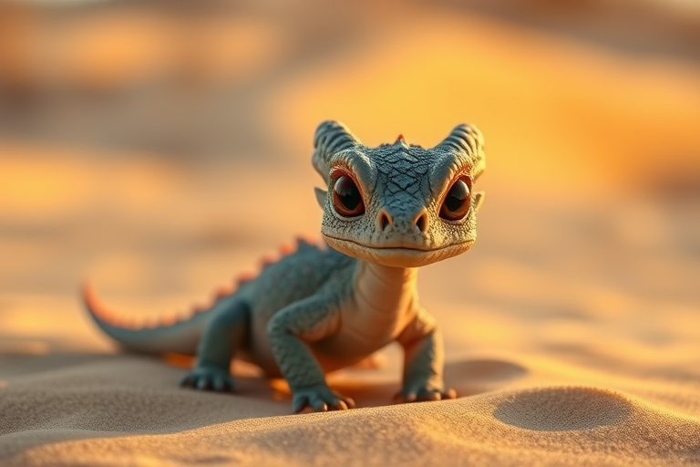 Create an image of a small, cute dragon in a desert setting, featuring soft sand dunes in the background, with detailed textures on the dragon's scales and large expressive eyes, captured with a Canon EOS R5, 85mm lens, f/1.8 aperture, natural light during golden hour, shallow depth of field for a dreamy effect.