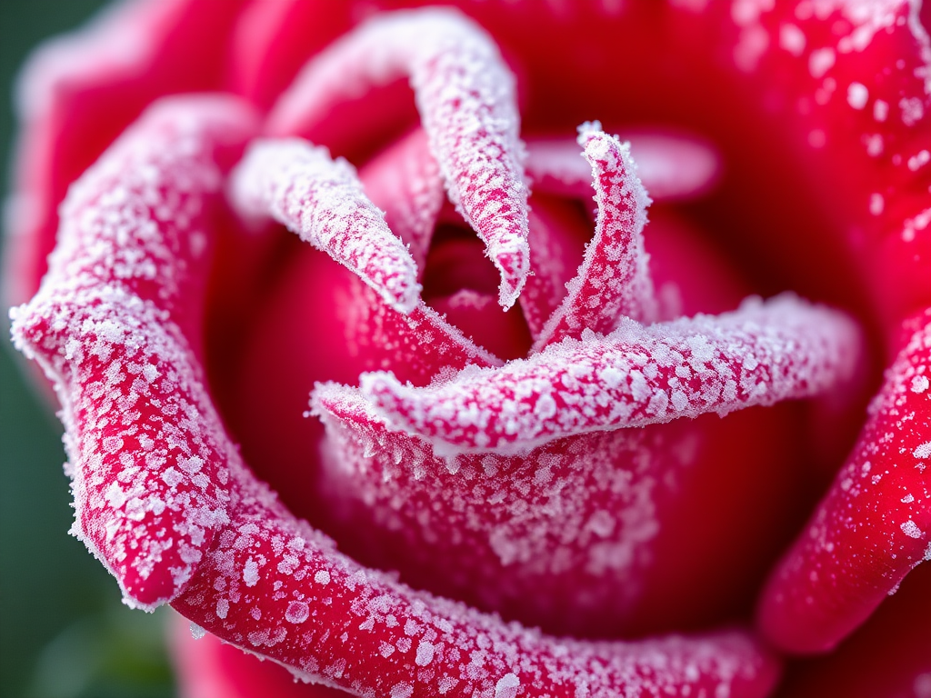 Create a close-up image of a red rose covered in frost, using a macro lens with a 50mm focal length, aperture set to f/2.8, ISO 100, and a shutter speed of 1/250s, with soft natural lighting and a shallow depth of field to emphasize the frost details on the petals.