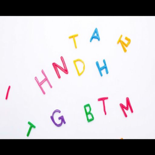Create an image of colorful hand-drawn letters scattered diagonally on a white background, with a slight perspective effect, using a Canon EOS 5D Mark IV, 50mm lens, aperture f/1.8, ISO 200, soft natural lighting.