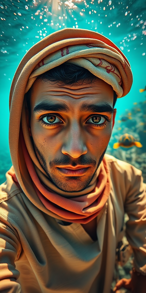 Realistic selfie image of a Sahrawi, wearing a vintage outfit, detailed dreamy eyes, droopy hooded eyes, staring at the camera, taken underwater at coral reef with a sunbeam filtering through the water, vibrant, summer vacation, natural lighting, turtle and school of tropical fish with vibrant colors, rendered in the style of CryEngine, Pegi Nicol MacLeod, with realistic genre scenes, hauntingly beautiful narratives, ultra-realism, and Thomas Saliot's close-up technique, 8K resolution, crystal clear and sparkling water.