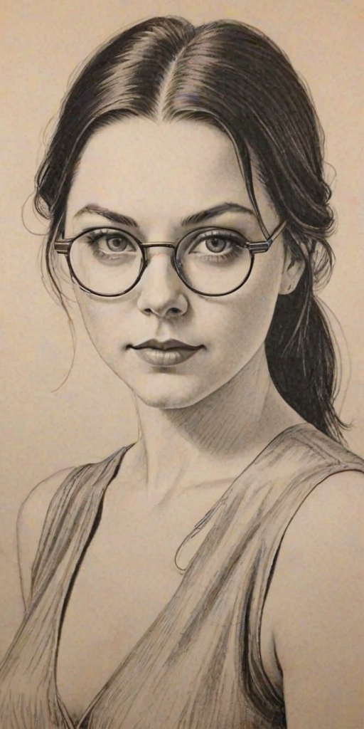 Stunning Amy Lee, pencil sketch, portrait of Pleasing woman 1926s in glasses, hair style beatnik, outline, clear lines, fine lines, 8k