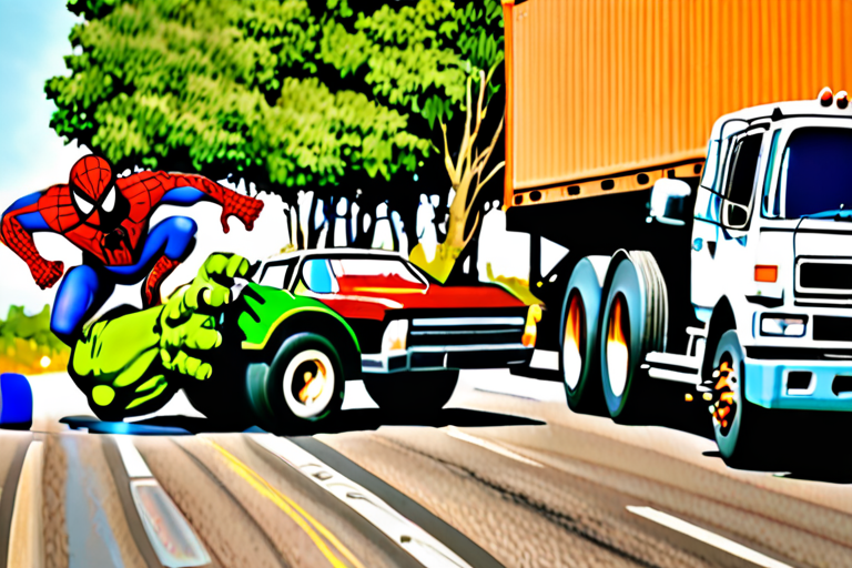 Spiderman getting ran over by a semi-truck driven by the incredible Hulk.