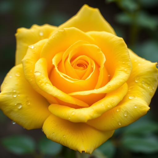 A close-up shot of a vibrant yellow rose with dew drops on its petals, using a 85mm lens, f/1.8 aperture, ISO 100, natural lighting, shot with a DSLR camera.