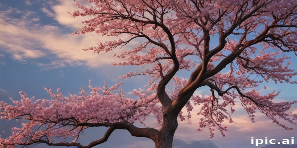 Serene Sunset Over a Magnificent Cherry Blossom Tree in Full Bloom