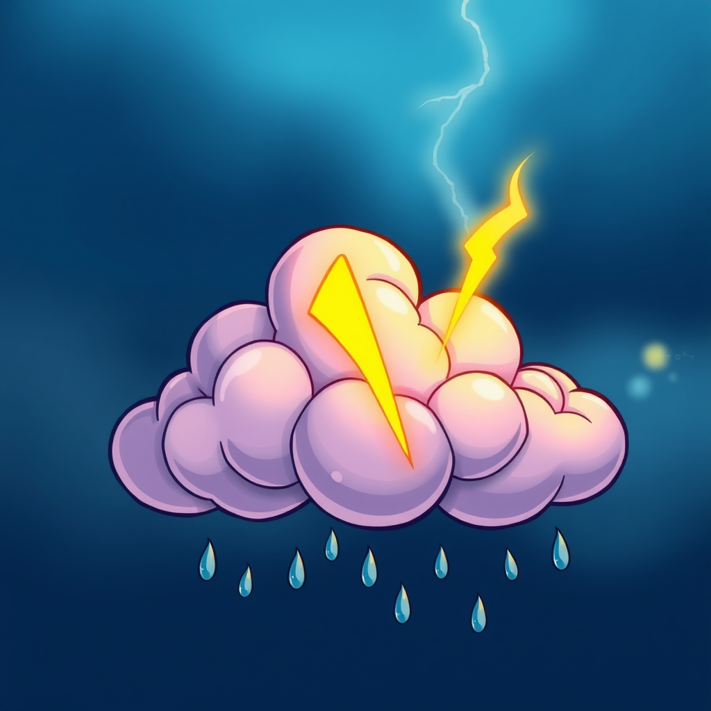 A stylized cartoon cloud with a lightning bolt and raindrops, vibrant colors, high resolution, high dynamic range, ISO 100, f/5.6 aperture, 50mm lens, shot from a slightly low angle to emphasize the cloud's shape, sharp focus.