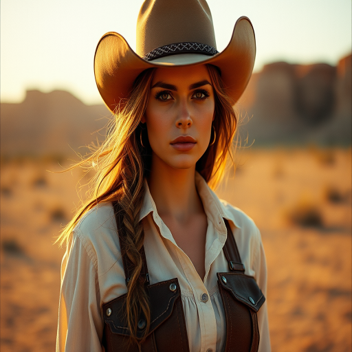 Dramatic photo of a beautiful Western American woman, classic cowboy attire, confident and free spirit expression, half-length portrait, centered, golden hour desert landscape, warm, diffused light, low angle, medium format film camera, in style of Annie Leibovitz.