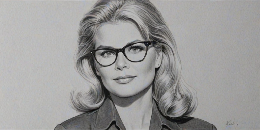 Delightful Candice Bergen, pencil sketch, portrait of Resplendent woman 1939s in glasses, hair style beatnik, outline, clear lines, fine lines, 8k