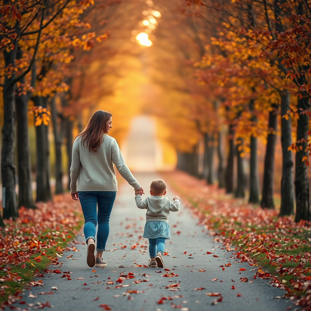 Create a serene autumn scene of a woman and a child walking hand in hand down a tree-lined path covered with orange and red leaves, capturing the warm glow of golden hour sunlight filtering through the trees, using a DSLR camera with a 50mm lens, aperture set to f/1.8 for a shallow depth of field, ISO 200 for clarity, and a low angle perspective to emphasize the warmth and intimacy of the moment.