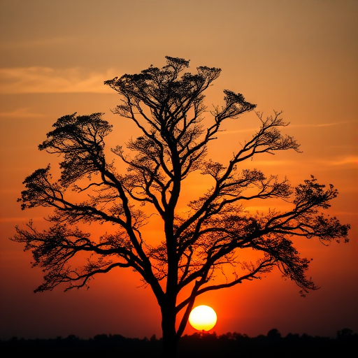 Generate a high-resolution image of a silhouette of a tree against a sunset background, using a DSLR camera with a 50mm lens, aperture set to f/2.8, ISO 100, shot from a low angle to emphasize the height of the tree and the vibrant colors of the sky.