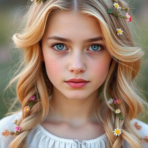 Create an image of a young Chaldean woman with long, wavy blonde hair, adorned with small, colorful flowers woven into her braids and loose strands. Her complexion is fair, with soft, glowing skin, and she has light blue eyes that gaze softly at the viewer. She wears a light, flowing dress with a gentle, ethereal quality, complementing her delicate and serene appearance. The background is slightly blurred, drawing focus to her tranquil expression and the intricate details of the flowers in her hair. The overall mood of the image is one of natural beauty and grace, evoking a sense of peacefulness and connection with nature.