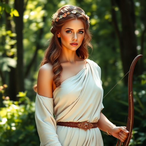 Create a portrait of a goddess-like female figure in a tranquil, forested environment. She has an elegant appearance with long, wavy hair styled in an updo and adorned with a delicate, floral headband. She wears a flowing, ancient Greek-inspired gown in a soft, pale color, featuring a one-shoulder design and draped fabric that accentuates her graceful form. The outfit includes a decorative belt with ornate gold detailing, and she holds a bow in her hand, with a quiver of arrows slung over her shoulder. The background depicts lush greenery, with sunlight filtering through the trees, casting a gentle, ethereal light on the scene. Her expression is calm and contemplative, embodying a sense of wisdom and serenity.
