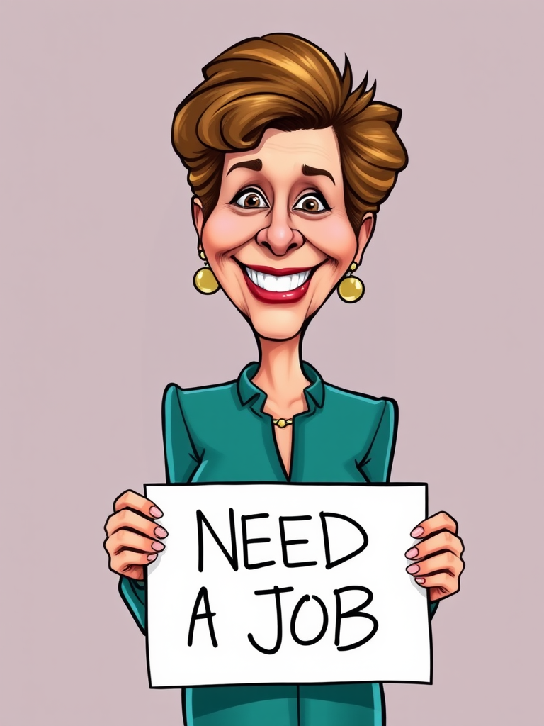 caricature of a smiling Annette Bening in a Teal dress or suit, holding up a sign that says "NEED A JOB", no watermark,
