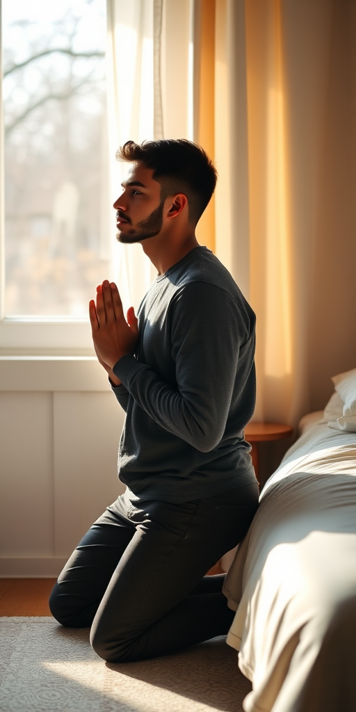Create a high-contrast image of a young man kneeling beside a bed with his hands clasped in prayer, soft sunlight streaming through a window, shot with a Canon EOS R, 50mm lens, f/1.8 aperture, ISO 100, 1/200s shutter speed, side view, natural light photography for a warm, serene vibe.