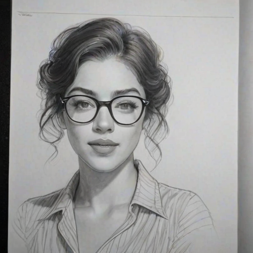 Charming Olivia Thirlby, pencil sketch, portrait of Charming woman 1938s in glasses, hair style beatnik, outline, clear lines, fine lines, 8k