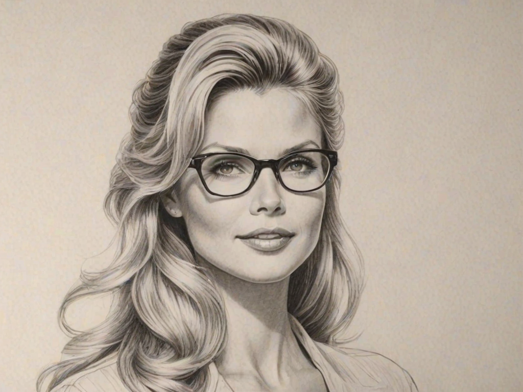 Comely Christie Brinkley, pencil sketch, portrait of Resplendent woman 1954s in glasses, hair style beatnik, outline, clear lines, fine lines, 8k