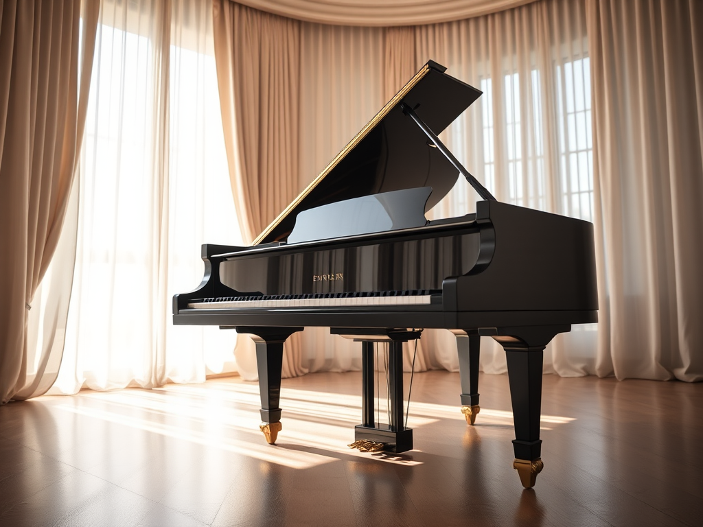 a grand piano in a softly lit room with curtains in the background, ISO 200, f/2.8, 1/60s, 50mm lens, shot from a low angle, using a DSLR camera for enhanced detail and depth
