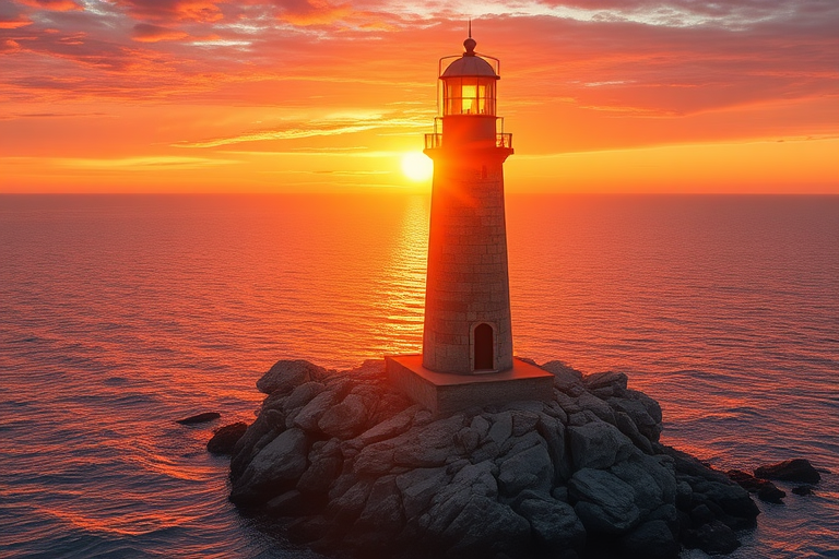 Generate an image of a tall lighthouse perched on a rocky outcrop surrounded by calm ocean waters during a breathtaking sunset. The lighthouse stands sturdy and weathered, its stone surface illuminated by the warm golden light of the setting sun. The sun's rays pass directly through the glass lantern room at the top of the lighthouse, casting a brilliant light across the scene. The sky is painted with vibrant shades of orange, pink, and purple, reflecting off the tranquil sea. The surrounding water shimmers with the same warm hues, creating a serene and majestic atmosphere.