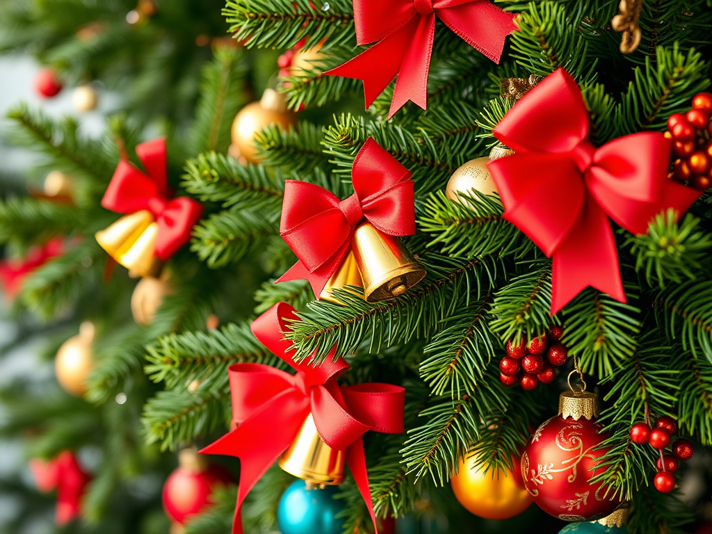 Create an image of a festive holiday scene with green pine branches adorned with bright red bows, golden bells, and colorful ornaments, using a DSLR camera with a 50mm lens, f/2.8 aperture, ISO 200, and a shallow depth of field for a vibrant, high-quality look, in a soft natural light setting.