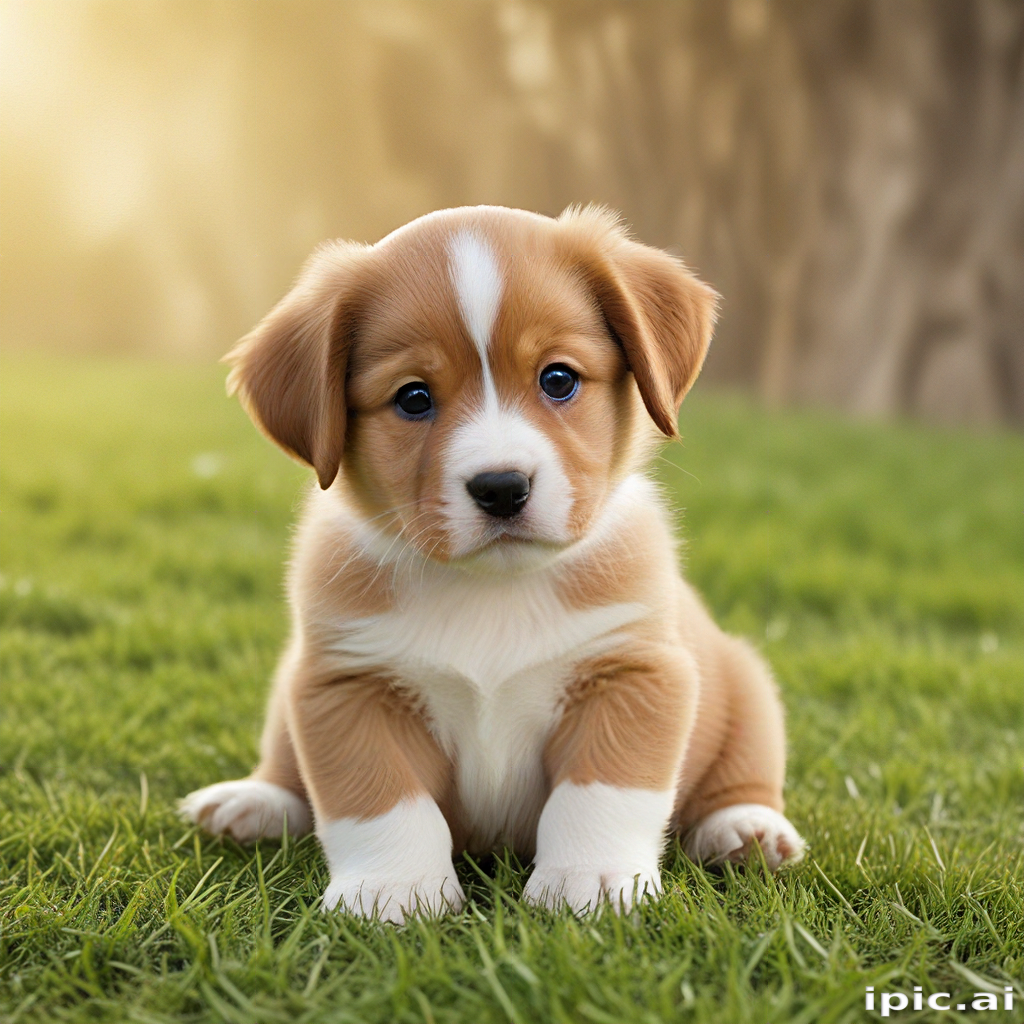 Adorable Puppy Sitting on Grass with Warm Sunlight in Background