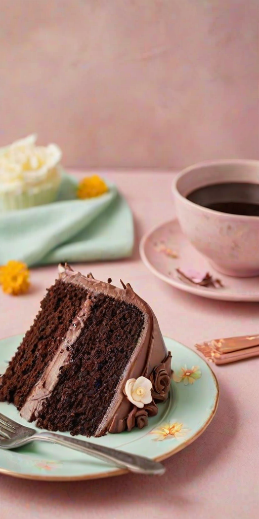 Create an image of a beautifully decorated chocolate cake with creamy frosting, placed on a pastel-colored plate. Include a slice of the cake on a separate plate next to it. The background should have a soft, warm color palette to enhance the inviting atmosphere.