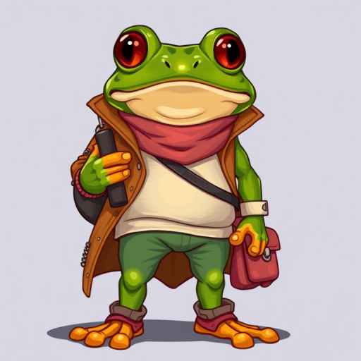 Create a detailed illustration of a humanoid frog character standing upright, wearing a stylish outfit and holding an object, in bright colors and high detail; use a DSLR camera with a 50mm lens, f/1.8 aperture, ISO 100, and a narrow depth of field to focus on the character.