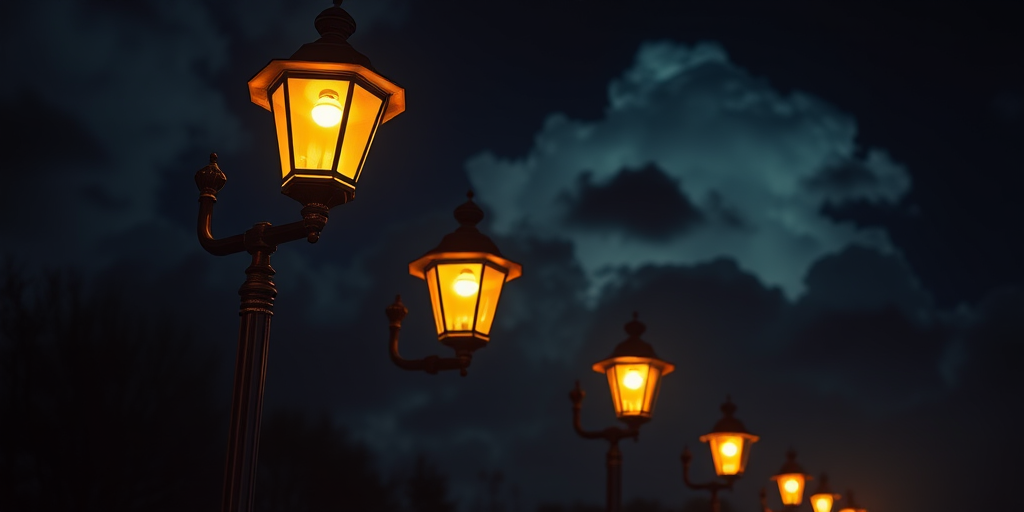create a digital artwork of street lamps with glowing yellow bulbs at night, include soft clouds in the background, use a DSLR camera type, aperture f/2.8, shutter speed 1/60s, ISO 400, focus on a wide-angle view to enhance depth and detail