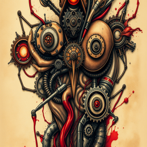 Fierce "Biomechanical Fusion" tattoo concept merging organic forms with mechanical elements, rendered in a hyper-realistic style with a color palette of oxidized metals, flesh tones, and vivid arterial reds, creating the illusion of skin peeling away to reveal a complex inner world of gears, pistons, and circuitry, perfect for science fiction enthusiasts and those fascinated by the intersection of biology and technology