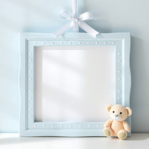 Create a cute baby-themed stationery design featuring a light blue frame with dotted patterns, a small teddy bear on the left side, and a decorative ribbon at the top, shot with a Canon EOS R5 camera at f/2.8, ISO 100, 24mm focal length, using soft natural lighting for a gentle pastel aesthetic.