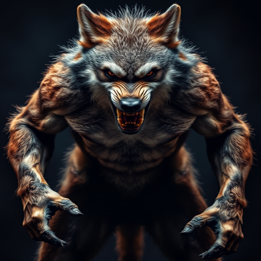 Generate a highly detailed image of a muscular werewolf standing menacingly, captured with a Canon EOS R5, 85mm lens, aperture f/1.8, ISO 100, with a focus on dramatic lighting and sharp contrast to enhance texture and depth.