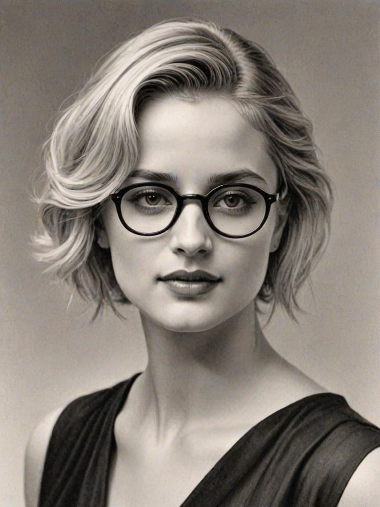 Splendid Diana Agron, pencil sketch, portrait of Exquisite woman 1922s in glasses, hair style beatnik, outline, clear lines, fine lines, 8k