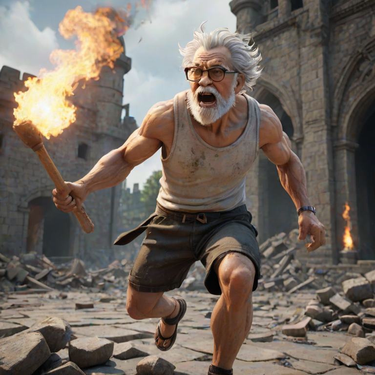 Cartoon 3D High-Resolution,dynamic battle scene using Unreal Engine 5 and Octane Render. The scene features back of an elderly, thai man with a beard,messy hair and round golden-rimmed glasses. He is wearing a tattered tank top with soot marks, shorts, and sandals. sweating. he wields a baseball bat. He jump to fight with a white fire-breathing Europe dragon amidst a partially destroyed stone castle. Include intense flames, smoke, and debris to enhance the dramatic effect.
