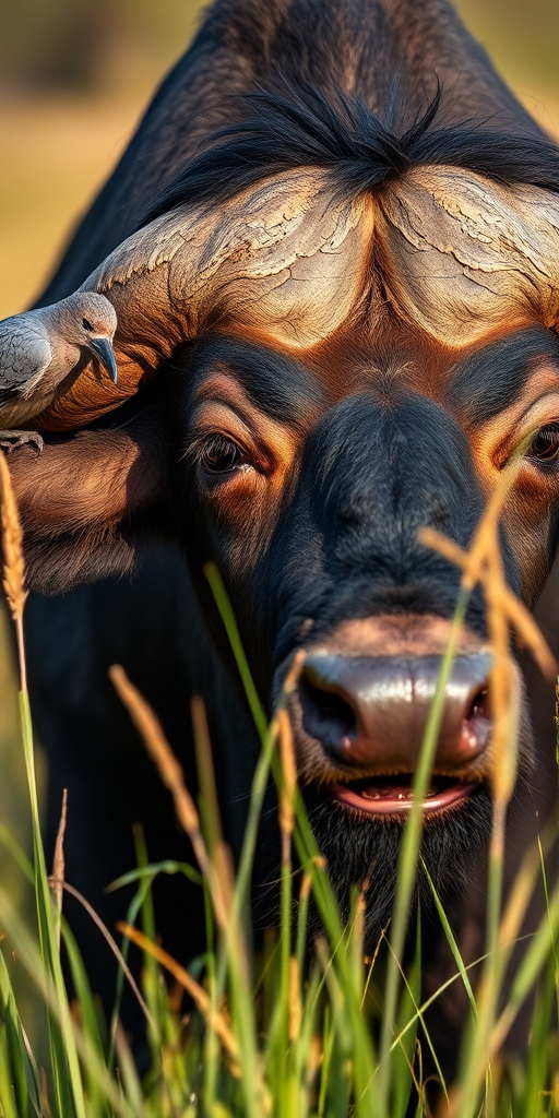 Capture a close-up of a buffalo with a bird perched on its back in tall grass under soft natural light, using a DSLR camera with a 50mm lens at f/2.8, ISO 100, and a shutter speed of 1/200s for sharp detail and depth of field.
