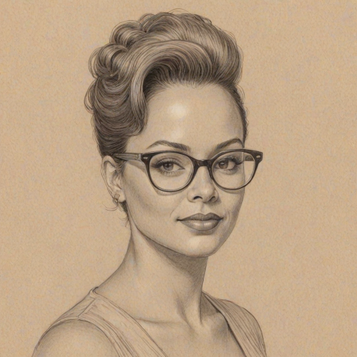 Resplendent Tammy Townsend, pencil sketch, portrait of Wonderful woman 1953s in glasses, hair style beatnik, outline, clear lines, fine lines, 8k
