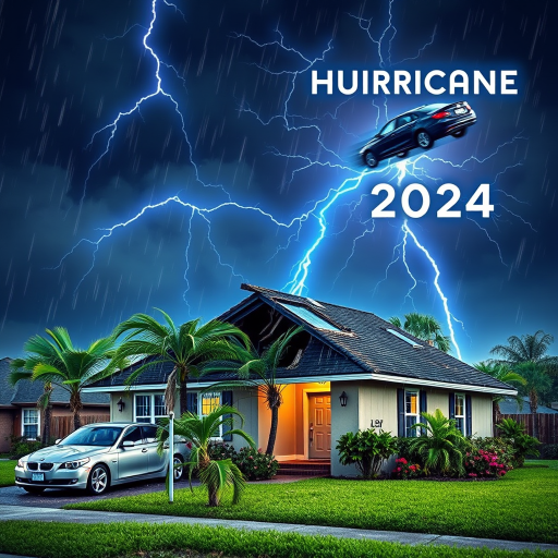 Hurricane Milton blows a roof off a home. Strong winds and rain blows sideways. Palm trees uprooted and bent over. Cars flying through the sky with debris. Sky is dark with thunder storms. Lightning strikes are fluorescent blue. Add text Hurricane Milton 2024
