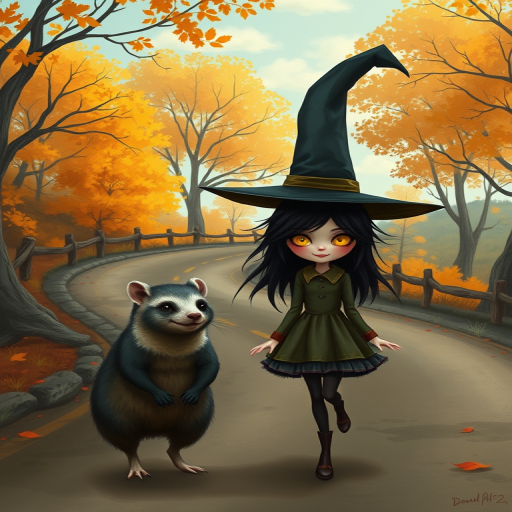 digital art fantasy depicting a strange girl with black hair, long eyelashes, Yellow lipstick and a tall hat walking along a winding road on an autumn afternoon, an Numbat smiles as she passes