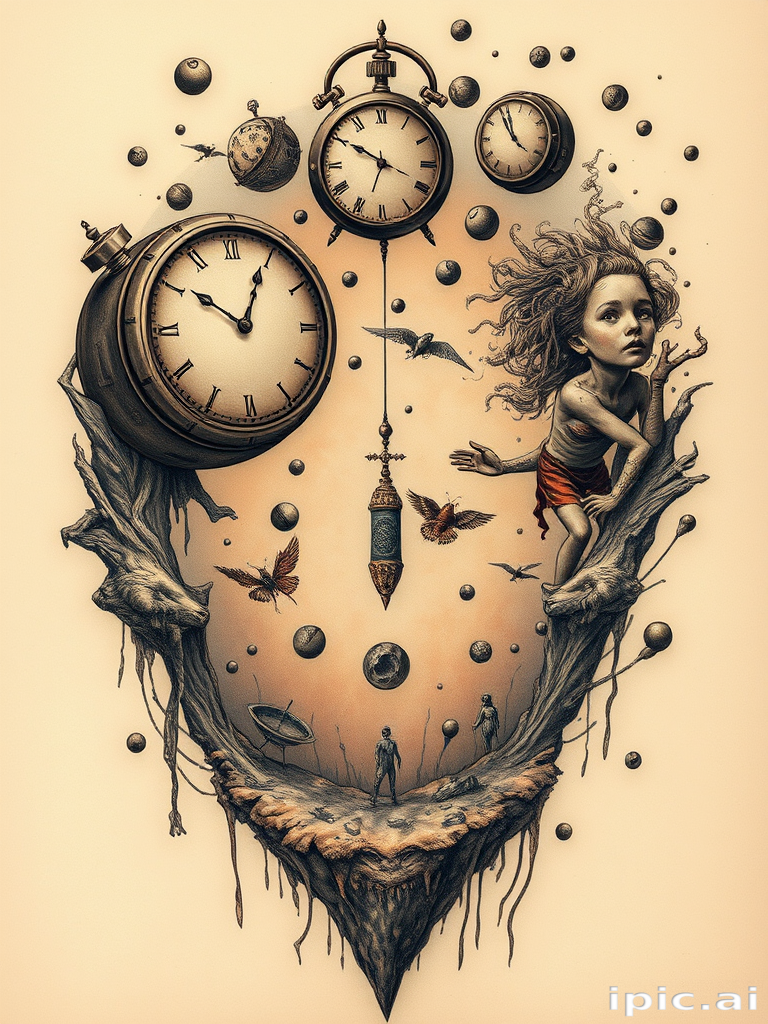 Surrealist tattoo artwork called "Dreamscape" blending elements of reality and fantasy to create a thought-provoking design featuring melting clocks floating objects and distorted figures in muted earth tones