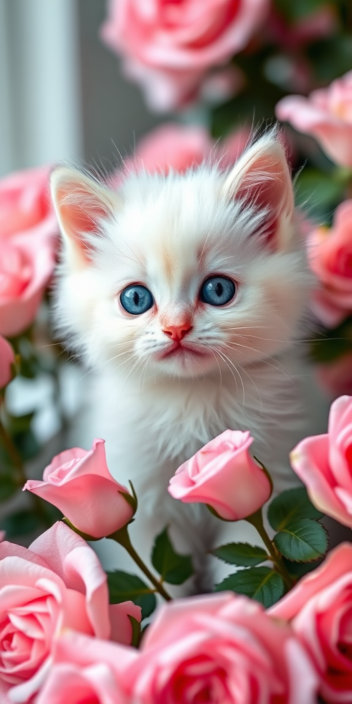 A fluffy white kitten with big blue eyes sitting among pink roses, soft focus background, natural light, f/2.8 aperture, 50mm lens, DSLR camera.